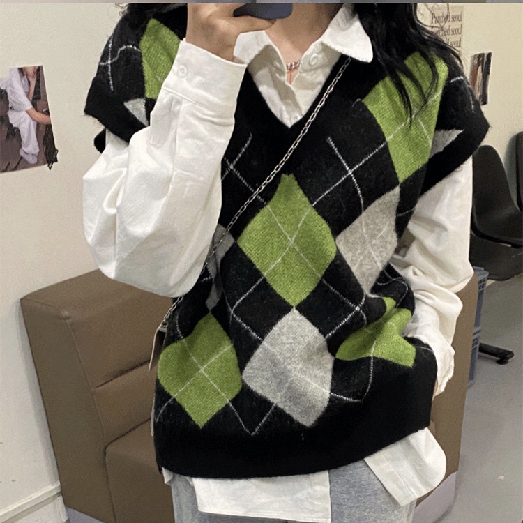 Áo dệt kim không tay họa tiết hình thoi phong cách Retro Anh Quốc