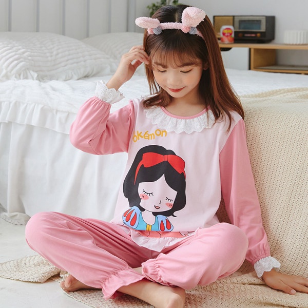 Bộ Đồ Ngủ Cotton Tay Dài Cổ Tròn In Họa Tiết Hoạt Hình Dễ Thương Cho Bé Gái