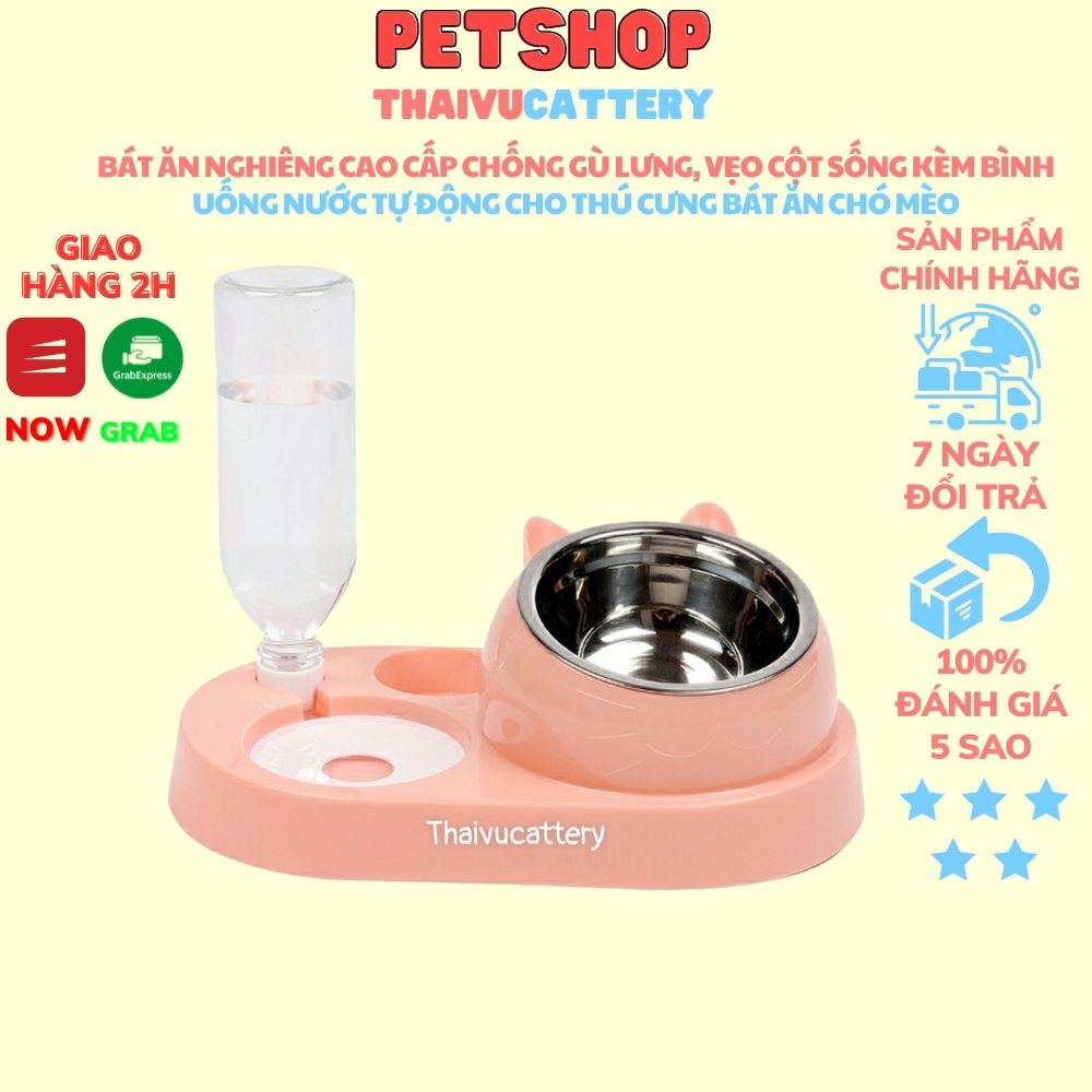 Bát ăn nghiêng cao cấp chống gù lưng, vẹo cột sống kèm bình uống nước tự động cho thú cưng bát ăn chó mèo
