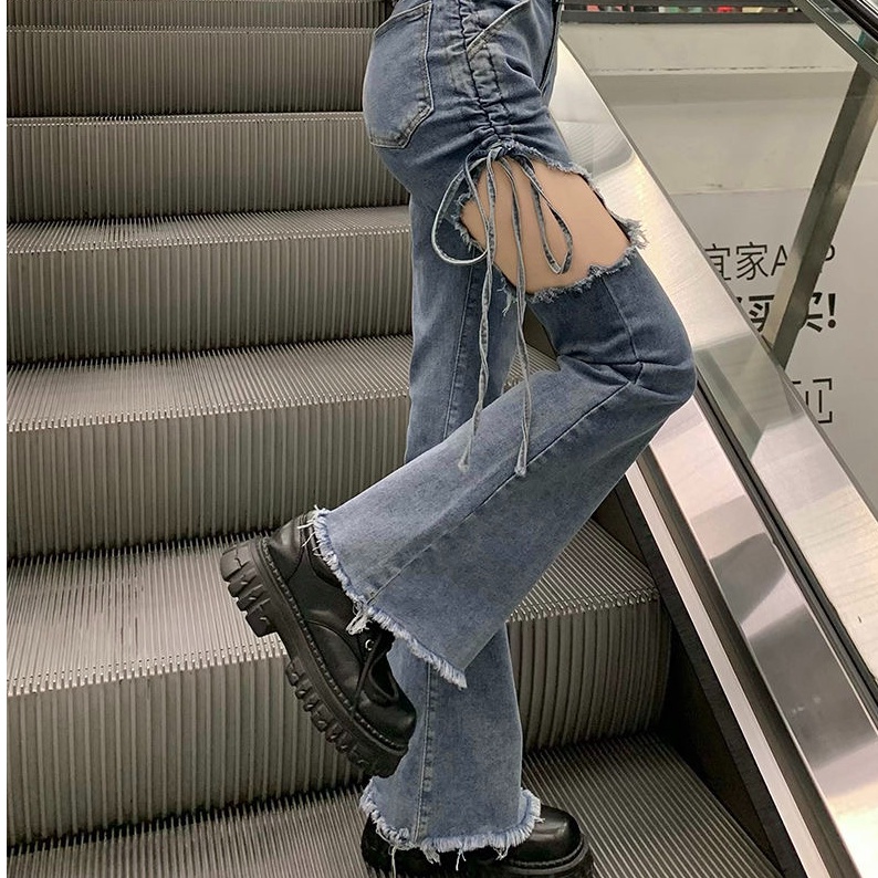 Quần Jeans Nữ Lưng Cao Rách Gối Cá Tính
