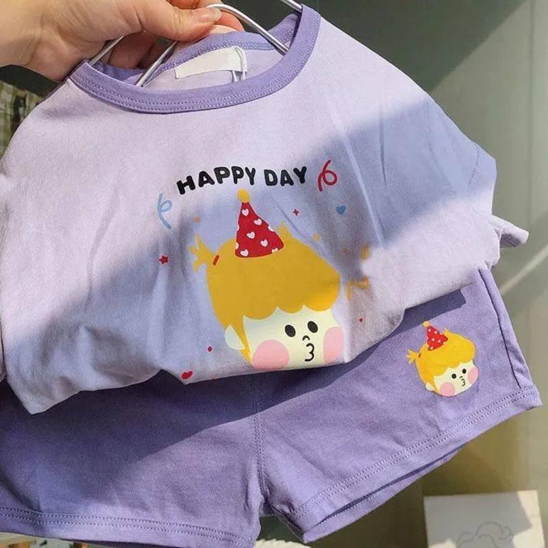 Bộ đồ 2 món gồm áo thun cotton ngắn tay + quần short mùa hè phong cách phương Tây hoạ tiết phim hoạt hình cho bé