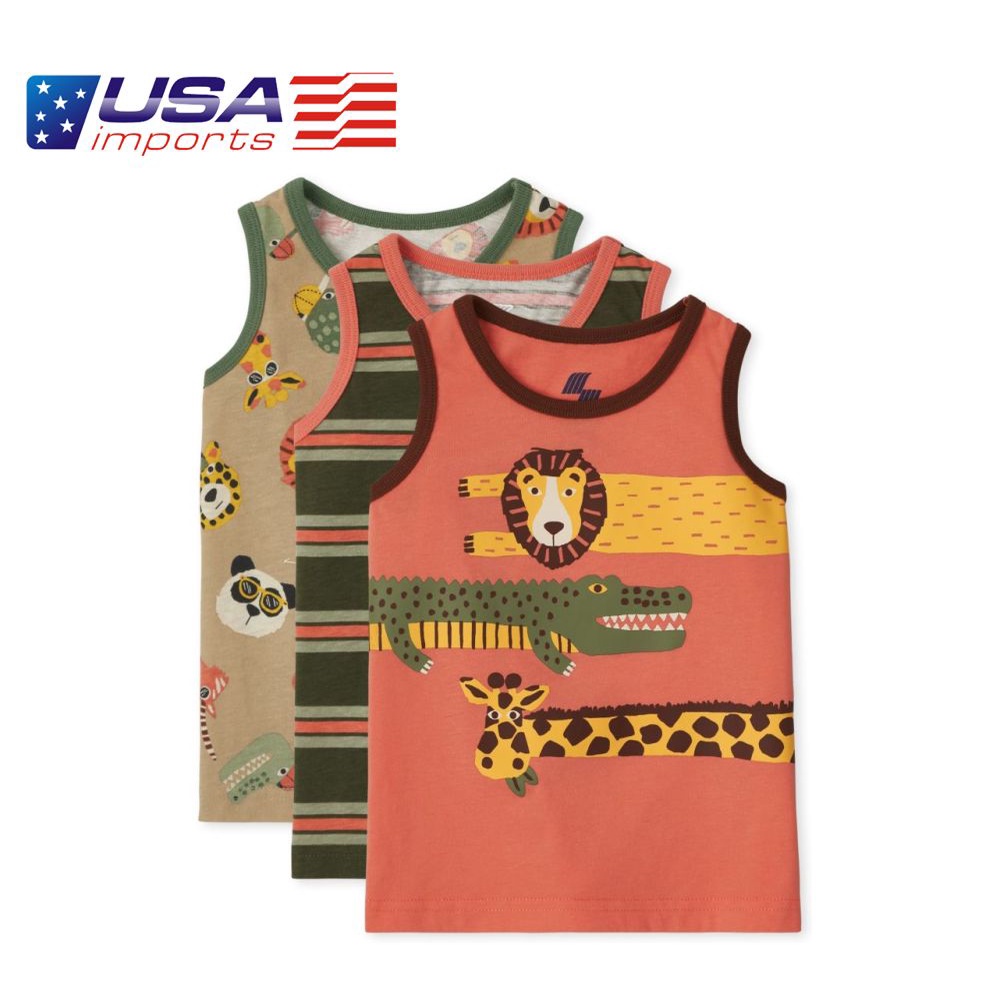 Set 3 áo thun sát nách hoạ tiết xanh cam thú ngộ nghĩnh Children's Place Auth Từ Mỹ (3031738_BQ)