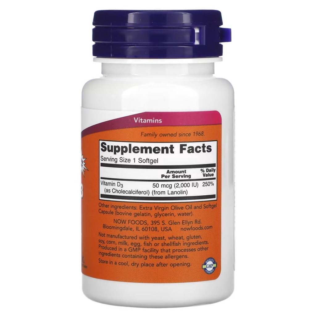 Viên uống Vitamin D3  tăng cường sức đề kháng, sinh lý, cơ bắp, xương chắc khoẻ - Now vitamin D3 1000UI 2000UI 5000IU