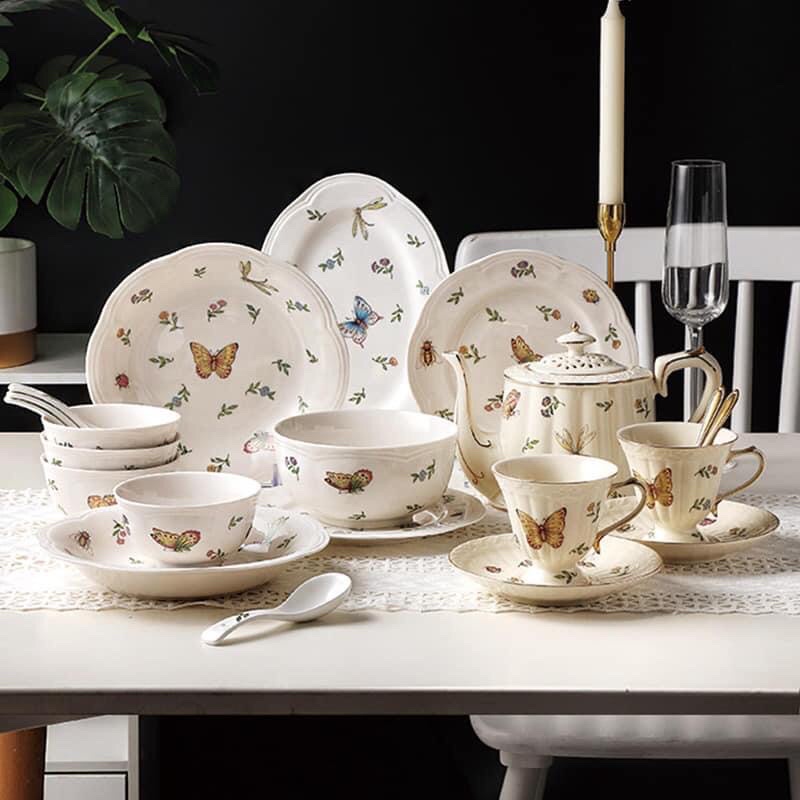 Bộ trà chiều hoa bướm vintage màu kem sang trọng cổ điển
