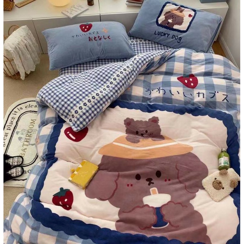 Trọn bộ 4 món chăn ga gối nỉ nhung mịn hàng nhập khẩu dày đẹp