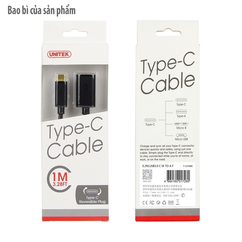 CÁP CHUYỂN TỪ USB TYPE C ĐẦU ĐỰC SANG USB 3.0 ĐÂU CÁI OTG UNITEK YC 476 BK