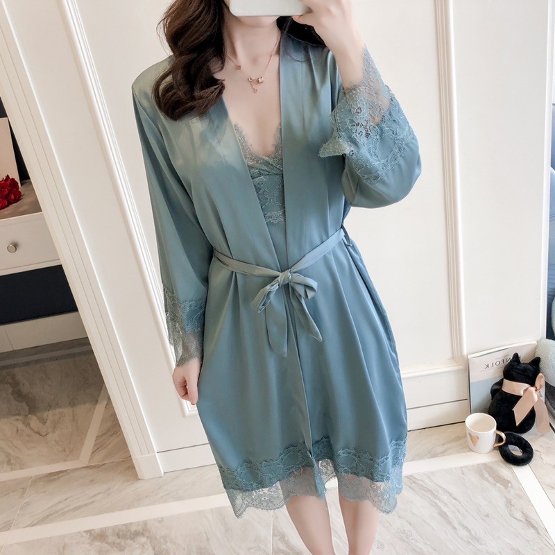 Set váy ngủ⚡️FREESHIP⚡️Đồ mặc nhà lụa cao cấp, Đồ ngủ  Gồm Váy viền ren và áo choàng Sexy gợi cảm, 4 màu xinh xắn | BigBuy360 - bigbuy360.vn