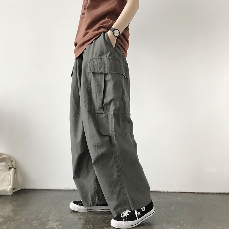 ✌Quần Kaki Ống Rộng Lưng Thun Phối Túi Lớn Kiểu Retro Nhật Bản 19S Cho Nam Nữ