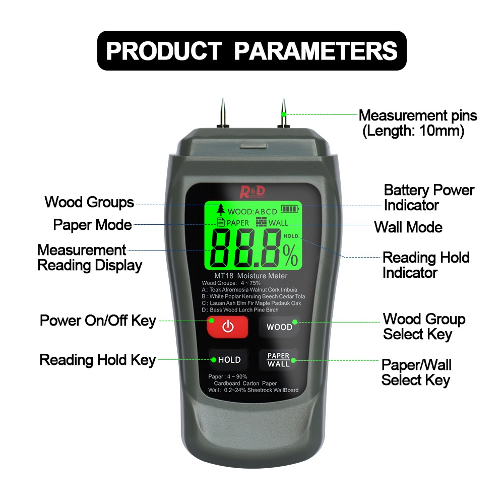 Máy đo độ ẩm DIYMORE MT-18 kỹ thuật số cho đồ gỗ