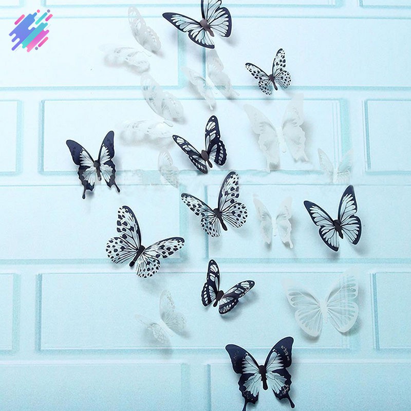 Bộ 18 miếng decal dán tường trang trí hình bướm trắng đen 3D