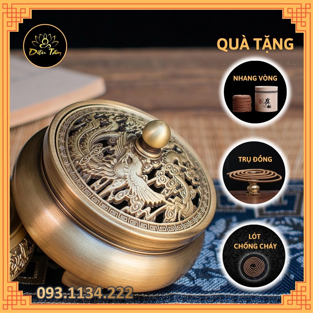 Lư đồng xông trầm đồ thờ cúng bằng đồng nguyên chất đốt hương xông trầm thay lư điện tặng nhang vòng/ trầm nụ