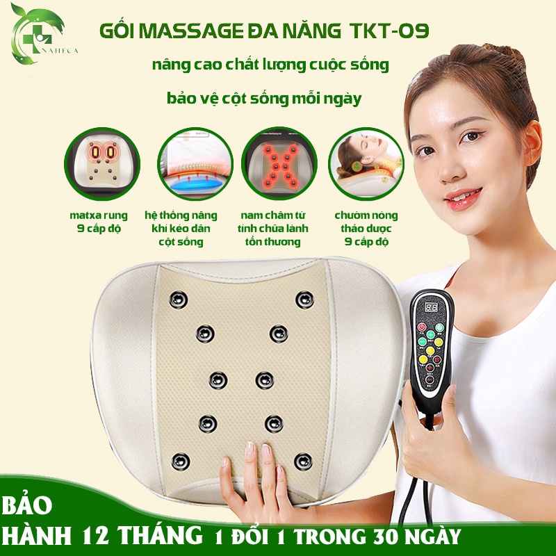 Gối massage cổ vai gáy lưng TKT-09 rung hồng ngoại chườm nóng thảo dược nam châm từ tính giảm đau lưng cột sống