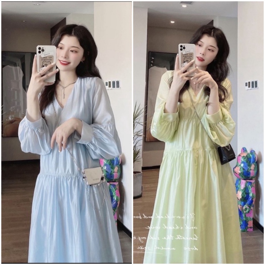 Váy babydoll dài tay form rộng 2 lớp cổ V, đầm nữ kiểu babydoll dáng dài chất đũi thô