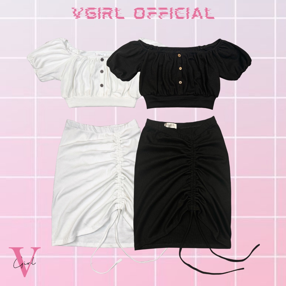 Set áo váy nữ VGIRL croptop trễ vai thân chun phối nút gỗ kèm chân váy lưng cao dây rút 1 bên ôm body [ẢNH ĐỘC QUYỀN]