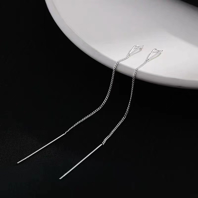 Bông Tai Bạc S925 Giọt Nước Không Đính Chốt Sợi Thả Trẻ Trung Cá Tính | Khuyên Tai Nữ Trang Sức Bạc Thời Trang