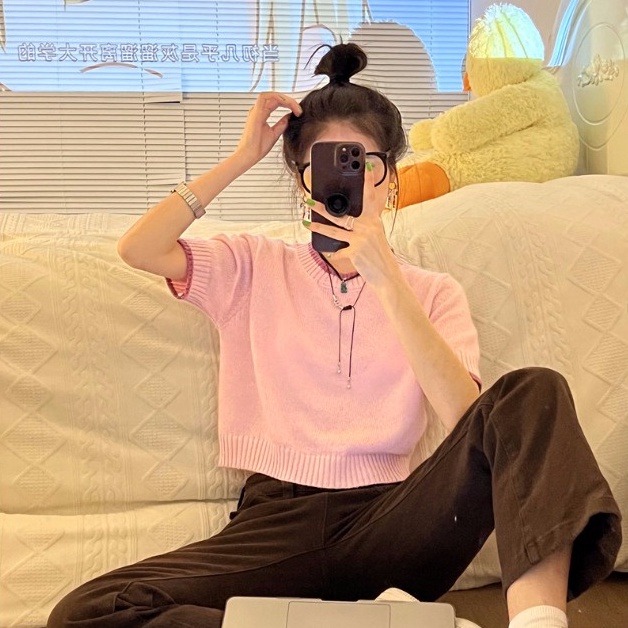 Áo thun ZHELIHANGFEI dệt kim tay ngắn cổ tròn dễ phối đồ hợp thời trang cho nữ