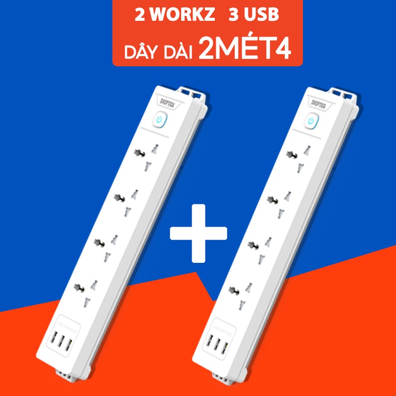 Combo Ổ Cắm Điện Đa Năng WORKZ Shoptida 3 Cổng USB sạc tối đa 12W và Ổ Điện chịu tải 2500W Dây nối dài 2.4M