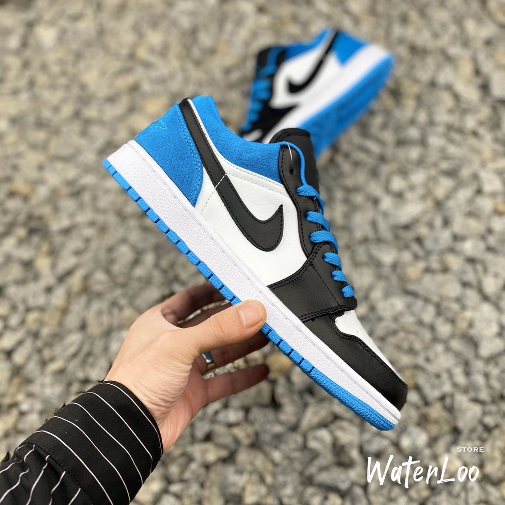 (FREESHIP+HỘP+QUÀ) Giày Thể Thao AIR JORDAN 1 Low Laser Blue (GS) đen Trắng Gót Xanh Dương Cổ Thấp