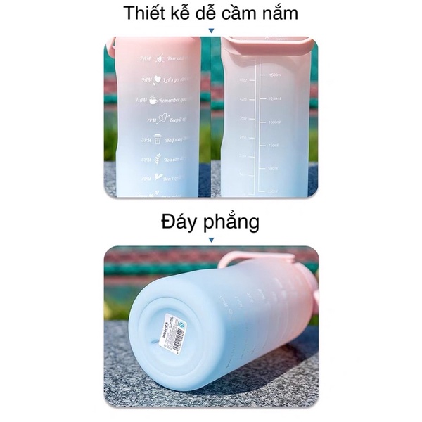 Bình đựng nước 2 lít cao cấp có vạch báo giờ kèm ống hút thiết kế chống tràn