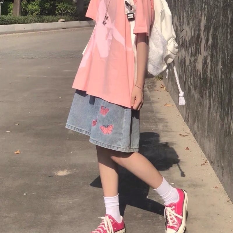 Quần short / sooc đùi jeans thêu 🦋 ống rộng oversize Ulzzang siêu chất ❤️