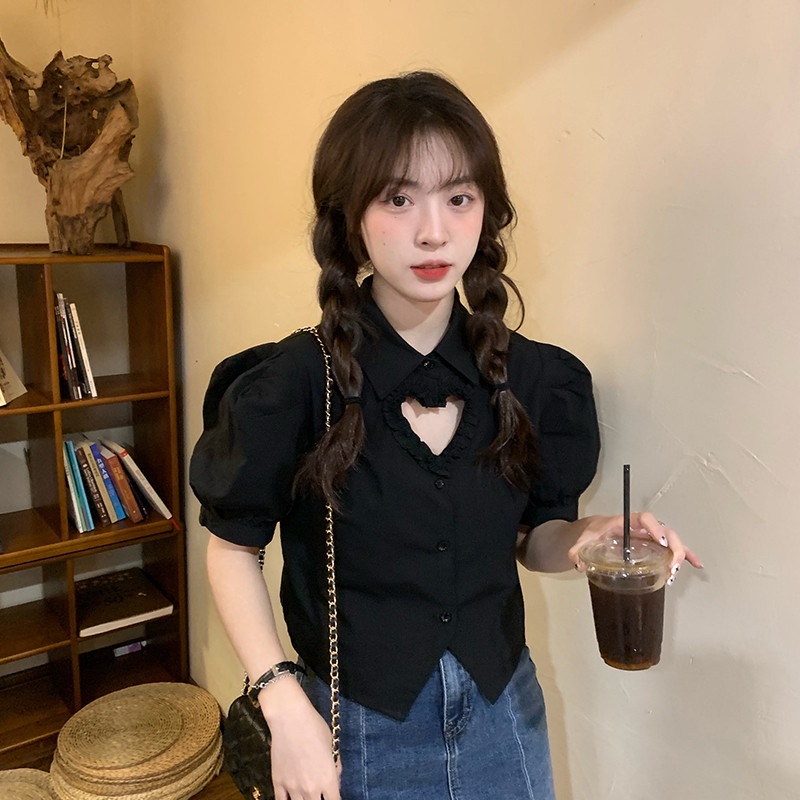 Áo Sơ Mi Croptop Aimeehouse Tay Phồng Cutout Hình Trái Tim Phong Cách Trẻ Trung Nữ Tính