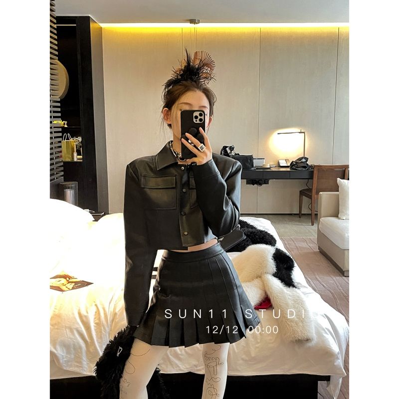 Set Áo Khoác + Chân Váy Xếp Ly Lưng Cao Bằng Da Thời Trang Dành Cho Nữ