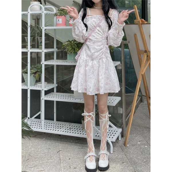 Đầm hai dây hoa nhí ngắn xòe + áo khoác ngoài voan hoa nhí oder taobao