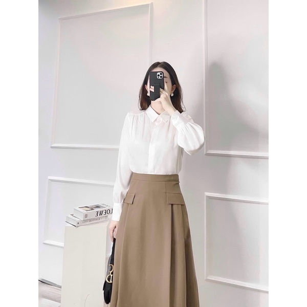 áo sơ mi lụa trắng dài tay công sở cổ đức from suông dễ mặc, chất liệu lụa mềm mịn không nhăn nhàu mặc đi làm đi chơiA17