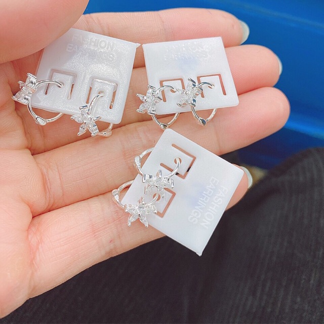 Khuyên tai tròn  thỏ hồng  xanh đính hoa 5 cánh siêu đẹp đk 8-9mm nhỏ trẻ em