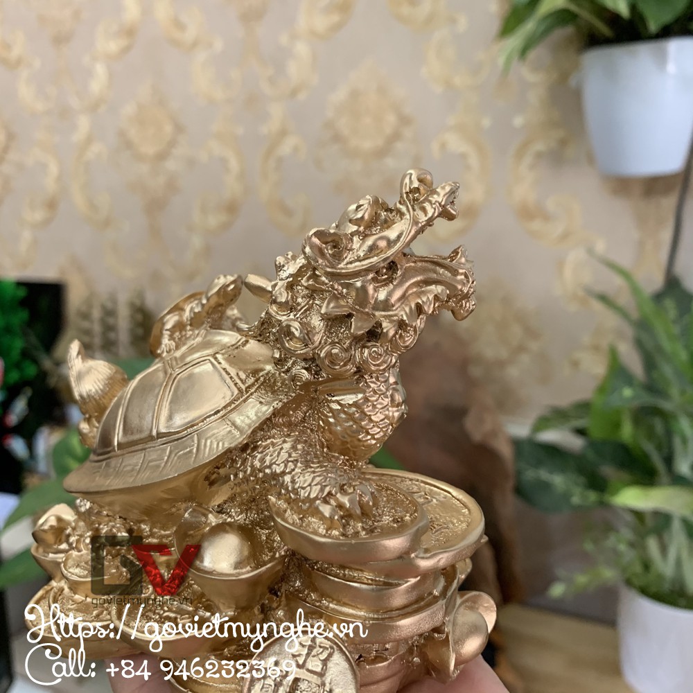 Tượng Đá Long Quy Phong Thủy Trấn Trạch Hóa Sát - Cao 10cm - Màu Nhũ Vàng