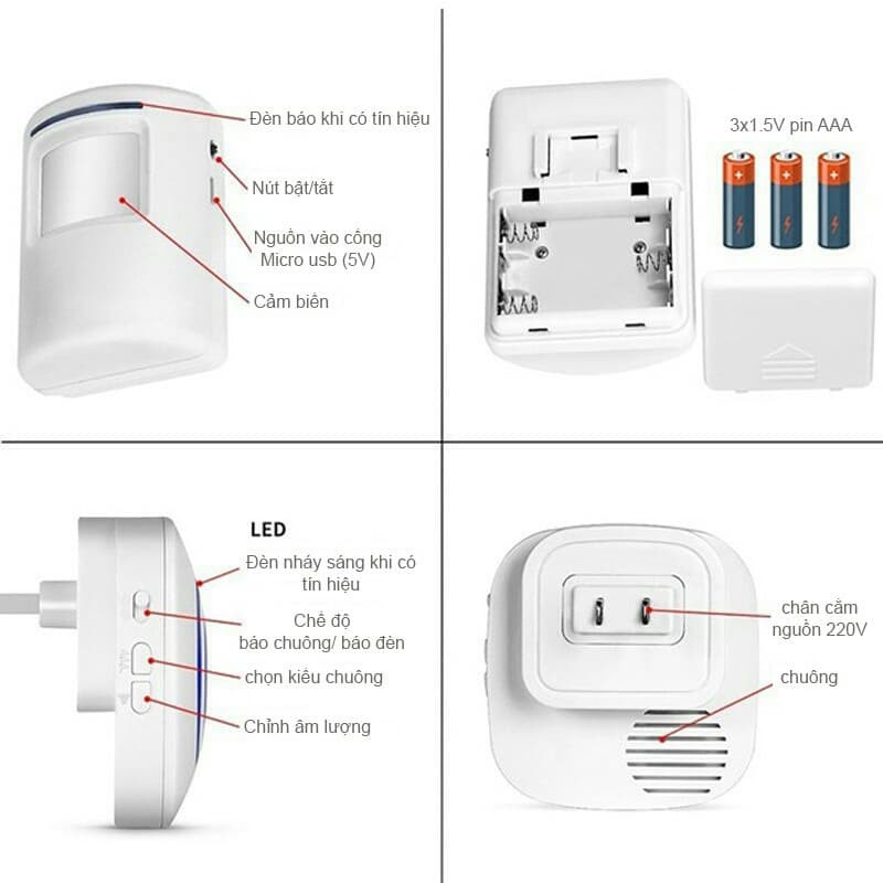 Chuông báo khách tự động không dây 2 cảm biến 1 chuông