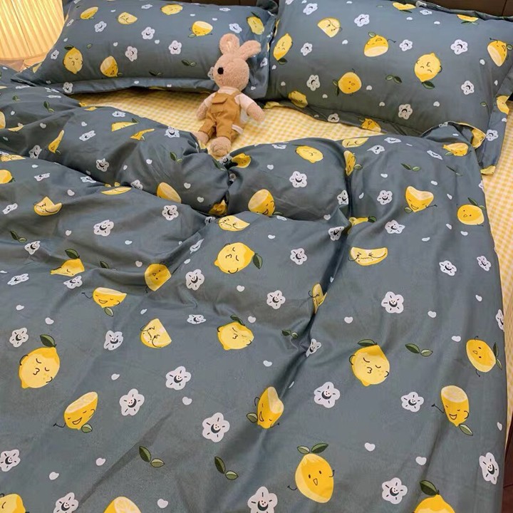 Bộ chăn ga gối drap giường chất cotton poly họa tiết những trái chanh vàng