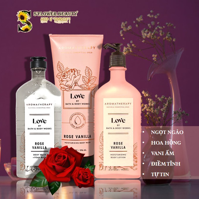 BST Thư Giãn | LOVE - Rose Vanilla | Bộ Sản Phẩm Gel Tắm, Dưỡng Thể, Xịt Thơm Bath &amp; Body Works Aromatherapy Body Care