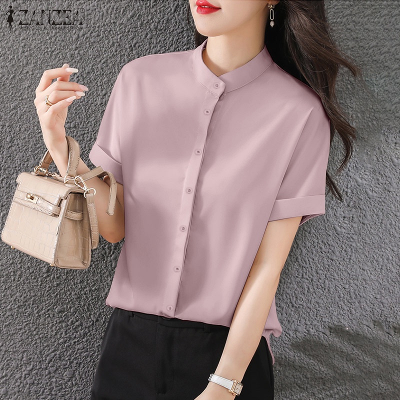 Zanzea Áo Sơ Mi Tay Ngắn Cổ Đứng Màu Trơn Phong Cách Hàn Quốc Thời Trang Cho Nữ