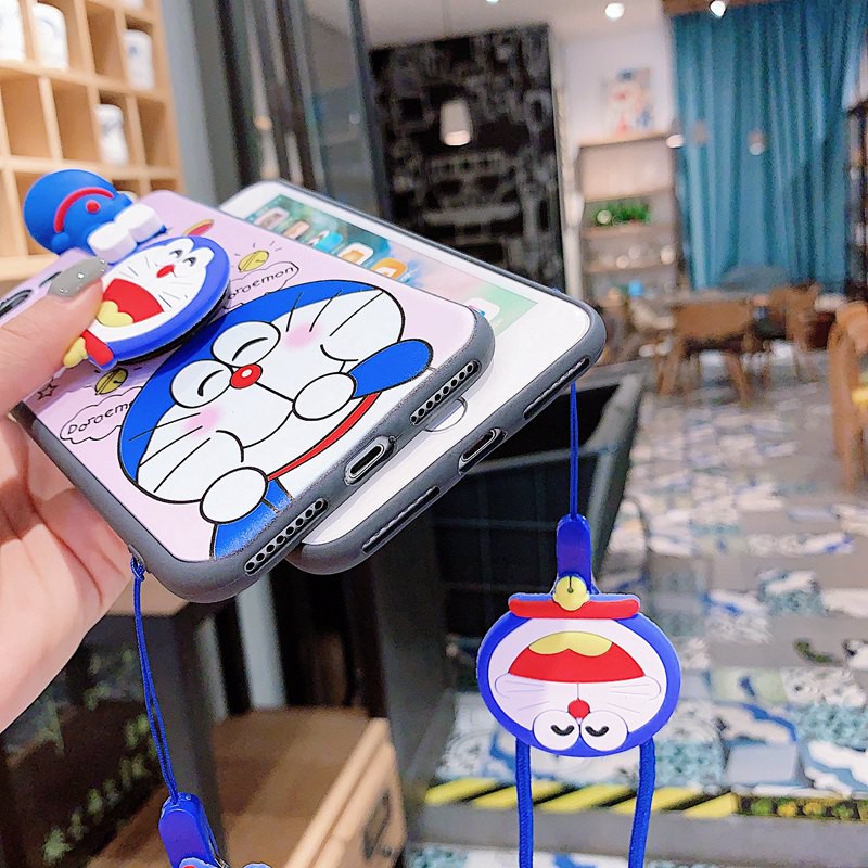 Ốp điện thoại mềm họa tiết Doraemon dễ thương có giá đỡ + dây đeo cho OPPO A79 A83 F11 A9 R9 Plus R9S R11