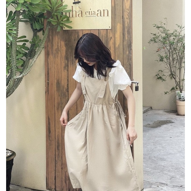 Set yếm babydoll dáng dài rút eo kèm áo sơ mi tay bồng viền bèo ulzzang