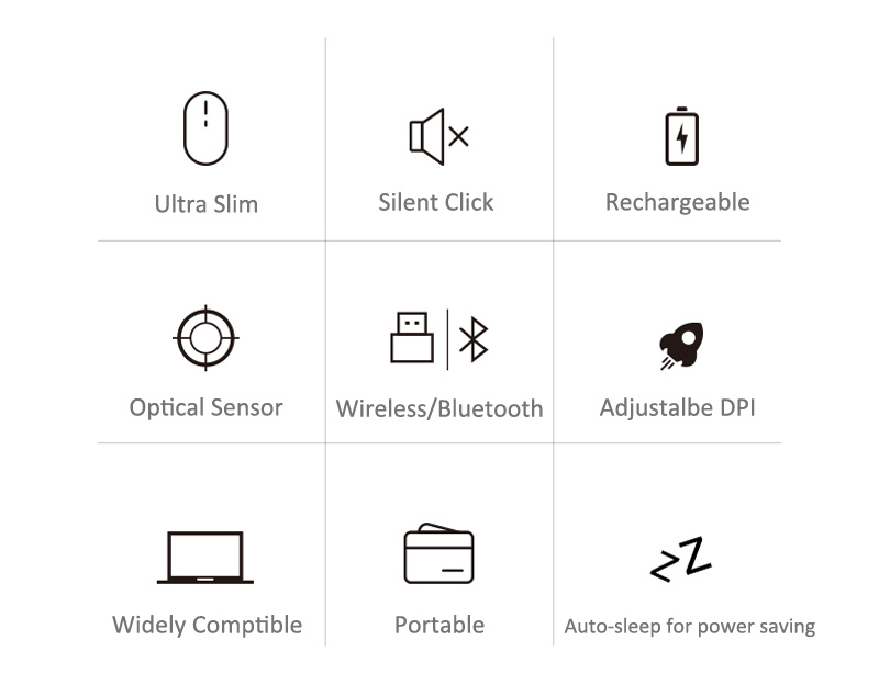 Chuột Quang Bluetooth Không Dây Q20 DPI 1600 Siêu Mỏng Nhỏ Gọn Không Gây Ồn Có Thể Sạc Lại Cho Macbook/Laptop/Notebook