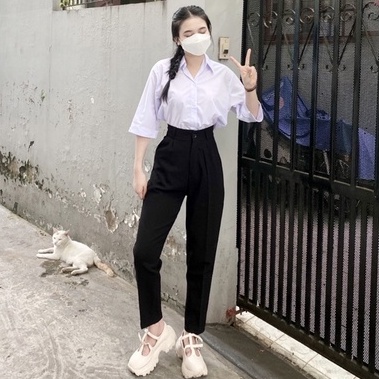 Quần tây baggy đi học nữ cạp có đai lưng cao màu xanh đen dáng dài Quần vải nữ công sở dày dặn phối áo sơ mi đi học làm