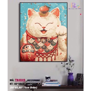 Tranh tô mau theo số, tranh sơn dầu số hoá Paint tranh mèo thần tài