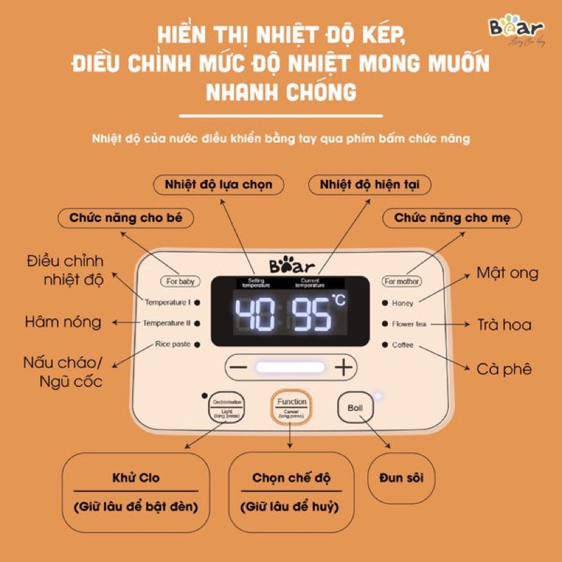 Máy hâm nước pha sữa đa năng Bear giữ nhiệt cao cấp cho bé -Bình đun nước pha sữa cà phê trà cho gia đình Bear TNQ-D12D1