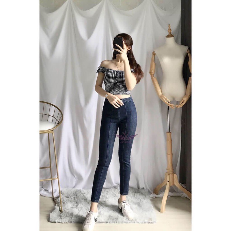 Quần skinny jean nữ cạp cao co giãn tốt 9 tấc/VNXK/kiểu sọc dọc 2 nút