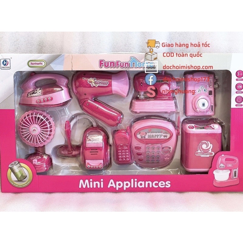 Đồ Chơi nhà bếp 8 Món Có Pin 898-1a 898-2a Máy giặt Bàn ủi Hút bụi Máy sấy Phone M Chụp hình Quạt