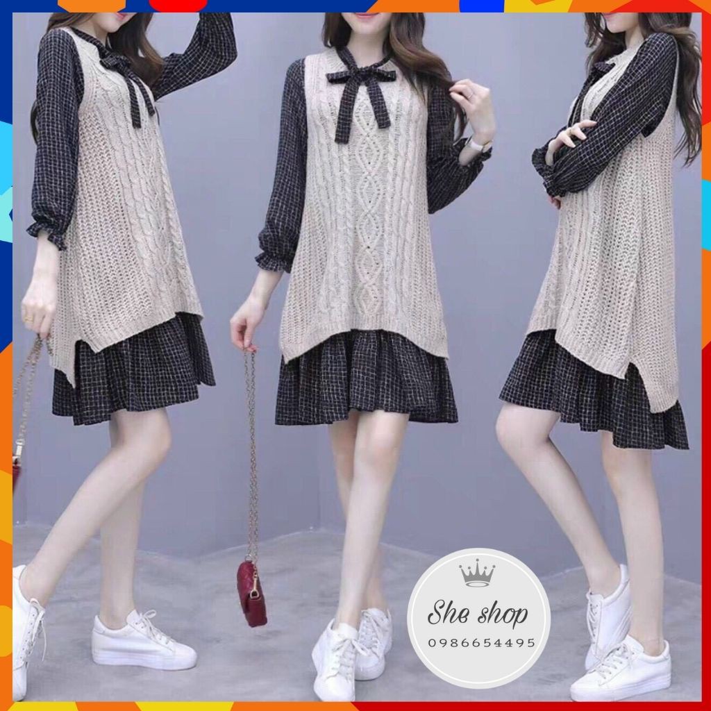 Set Váy 2 lớp Áo ghile len+ váy xoè, kiểu dáng trẻ trung xinh xắn
