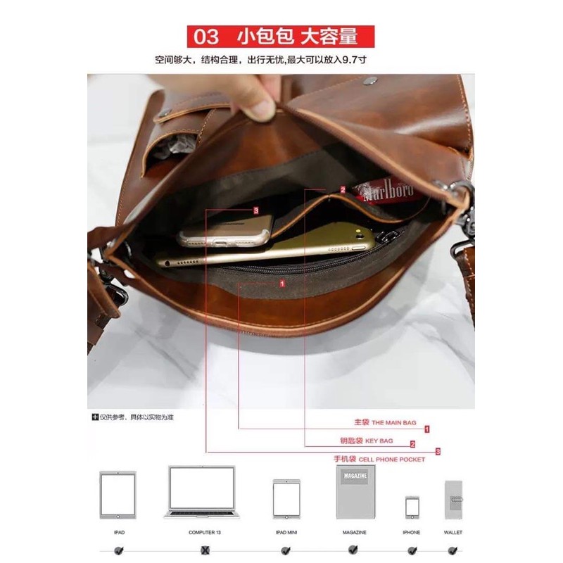 Túi da nam vintage nhiều ngăn tiện lợi, đựng vừa Ipad pro 12"