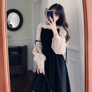 Váy đầm cổ vuông chun bo ngực tay voan chấm bi dáng dài phong cách Hàn Quốc