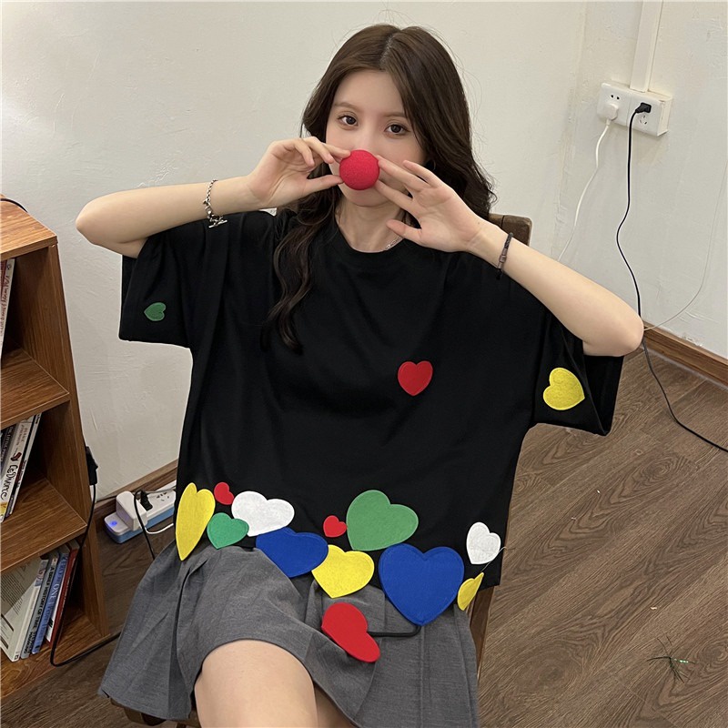 Áo thun ZHELIHANGFEI vải cotton tay ngắn dáng rộng in hình trái tim dễ thương dành cho nữ