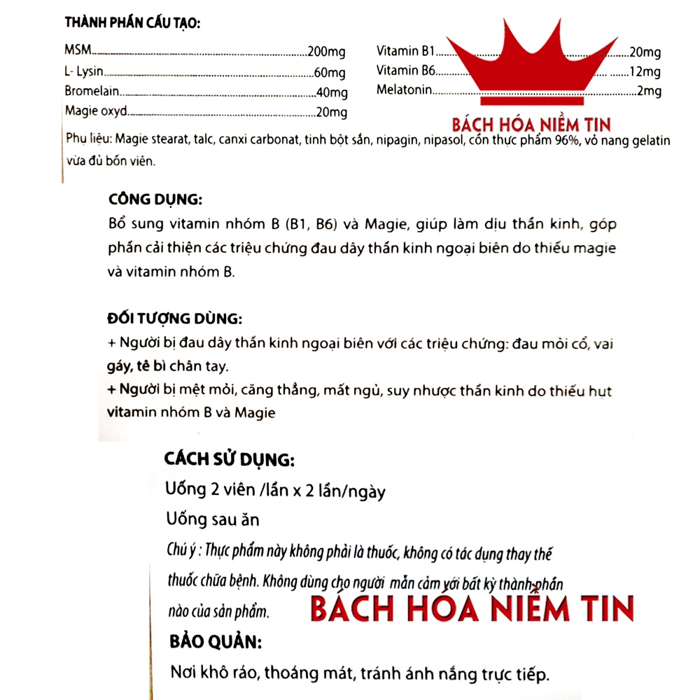 Viên uống Bổ Thần Kinh RH 15000Xtra bổ sung vitamin B1,B6, B12 và Magie giúp giảm đau dây thần kinh ngoại biên, đau vai