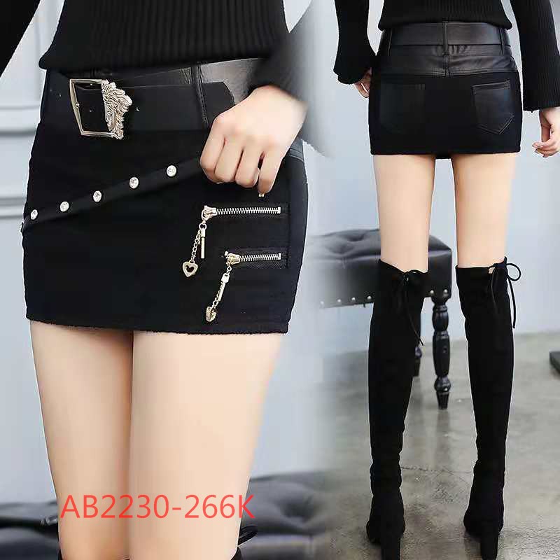 (AB2230)CHÂN VÁY DẠ NGẮN CÓ KÉO KHÓA TRANG TRÍ KÈM ĐAI