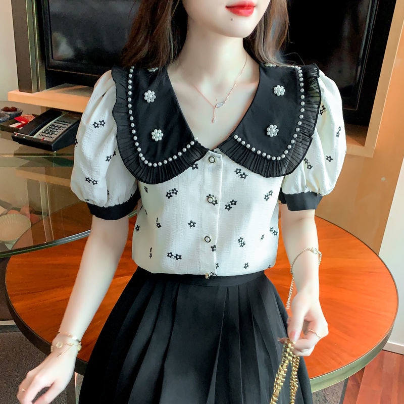 Áo Sơ Mi Voan Tay Phồng Dáng Rộng In Họa Tiết Xinh Xắn Dành Cho Nữ  tao bao