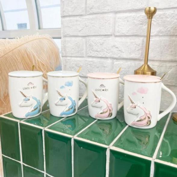 Ly Cốc Sứ Unicorn Kỳ Lân 450ml Có Nắp và Thìa Xinh Xắn